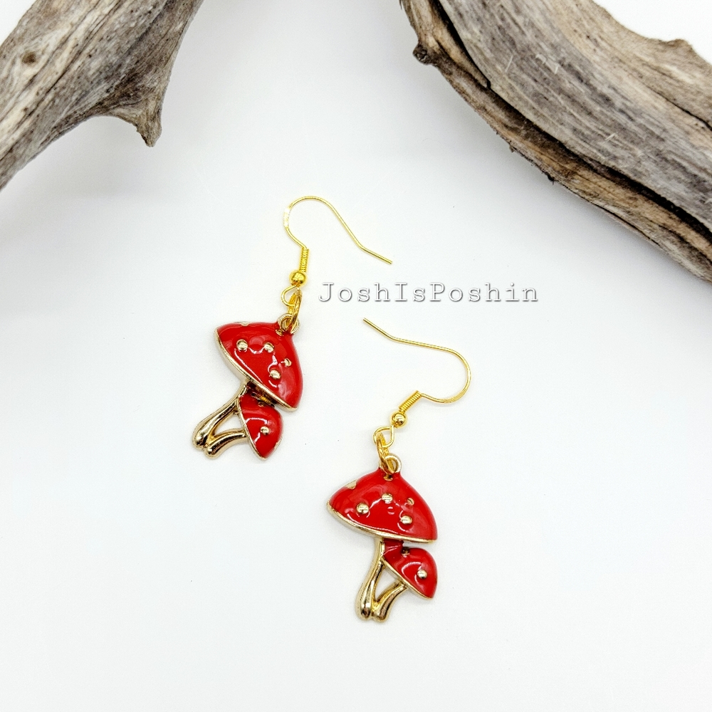 Gold handmade red enamel mushroom hook earrings